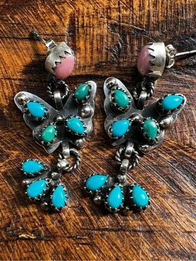 Sterling Silver Kingman Turquoise Queen Conch Butterfly Dangle Earrings